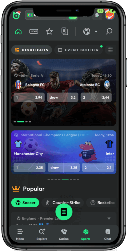 Screenshot of the sports page