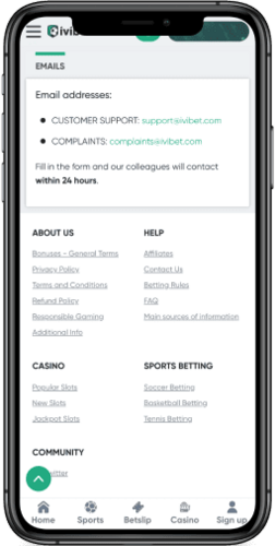 Screenshot of the Ivibet support page