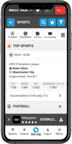 Screenshot of the Megapari sport page