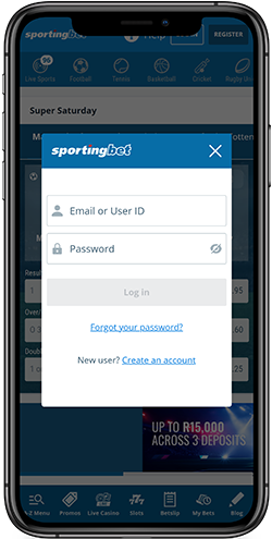 Mobile screenshot of the Sportingbet login page