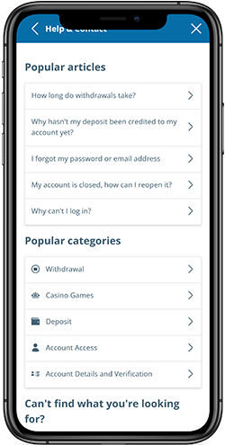 Mobile screenshot of the Sportingbet support page