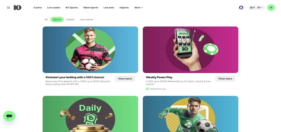 Screenshot of the 10bet promotions page