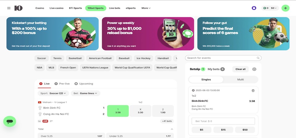 Screenshot of the 10bet sport page