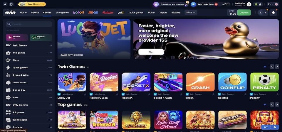 Screenshot of the 1win Canada casino page