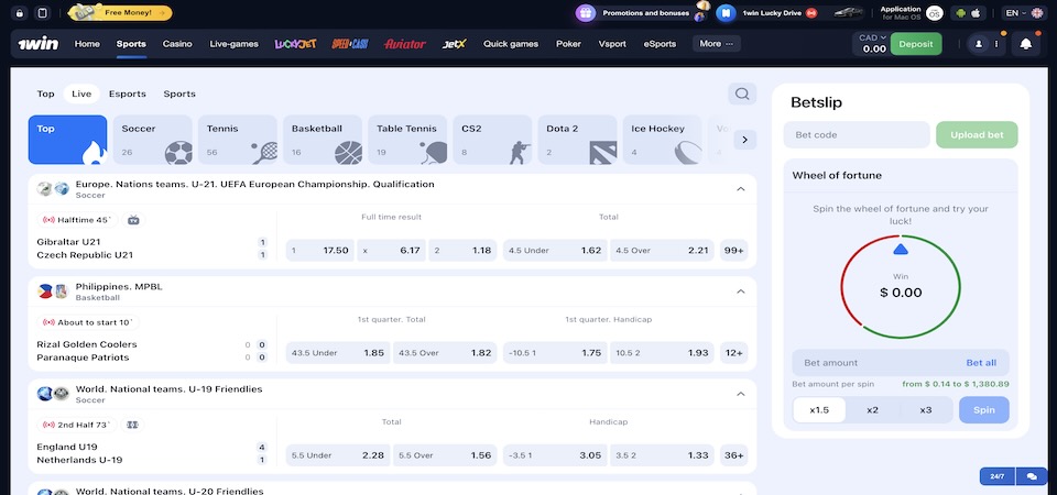Screenshot of the 1win Canada live betting page
