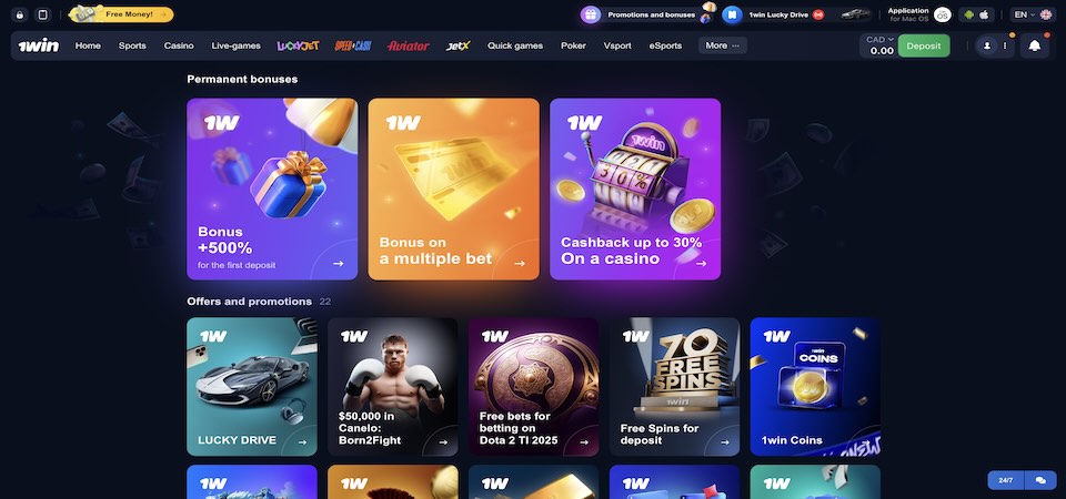 Screenshot of the 1win Canada bonuses page