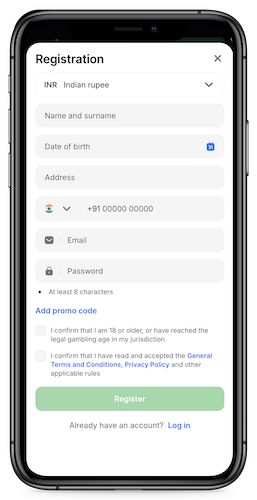 Mobile screenshot of the 1win registration step1