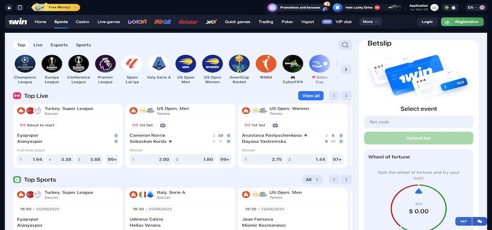 Screenshot of the 1win sport page