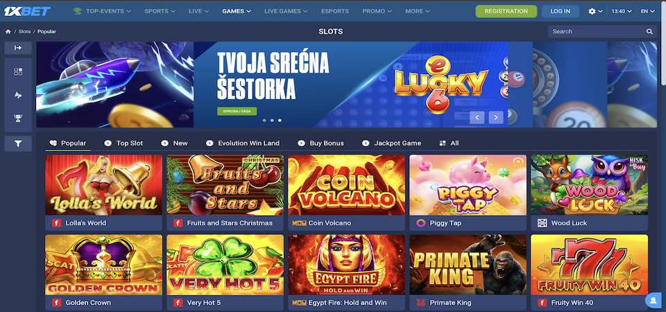 Screenshot of the 1xBet Serbia casino page
