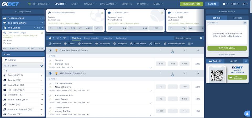 Screenshot of the 1xBet Serbia sport page