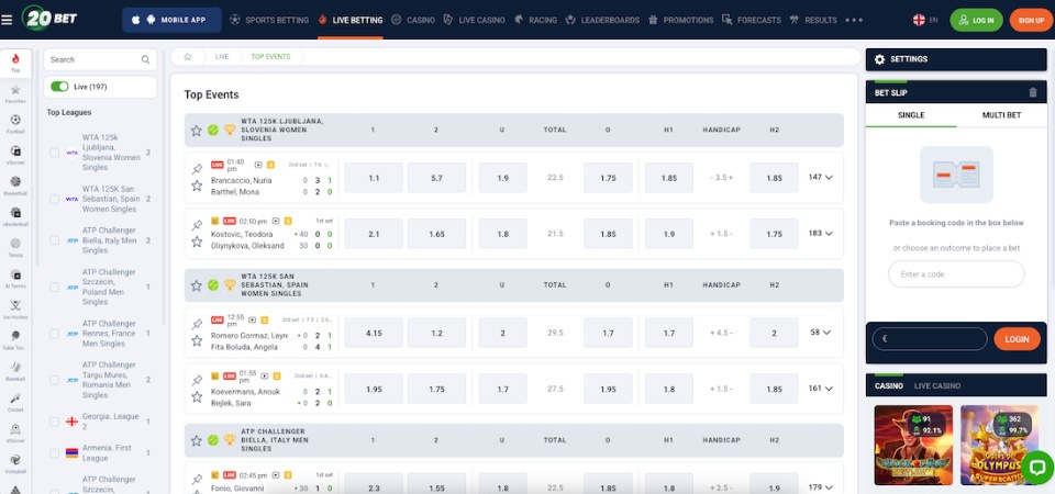 The screenshot of 20Bet live page