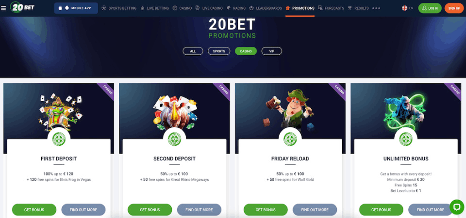 Screenshot of 20Bet casino promo page
