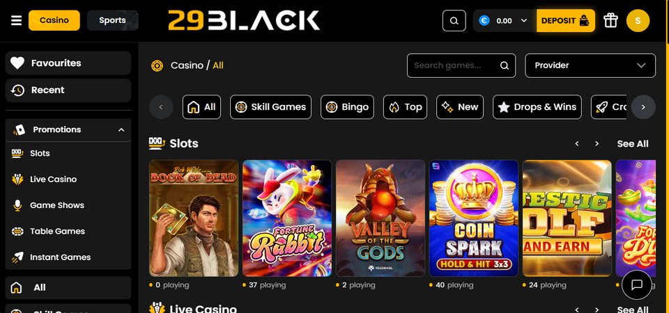 Screenshot of the 29black Casino page