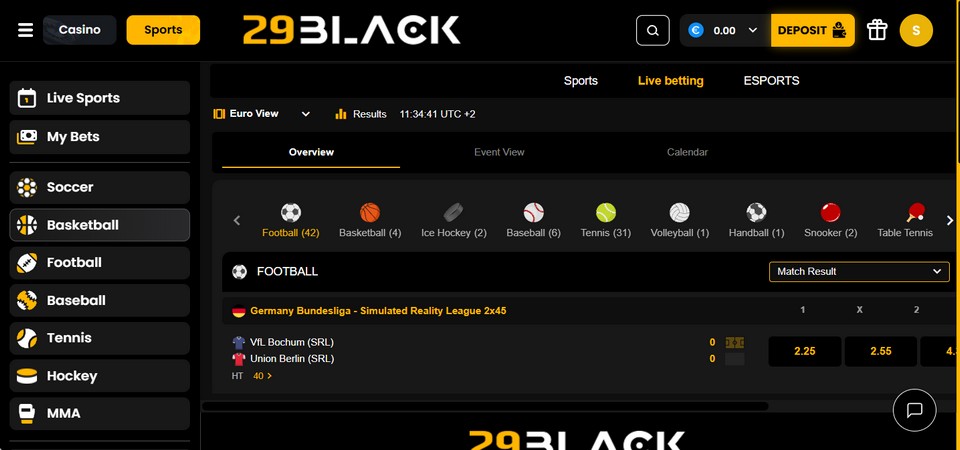 Screenshot of the 29black LIVE Betting page