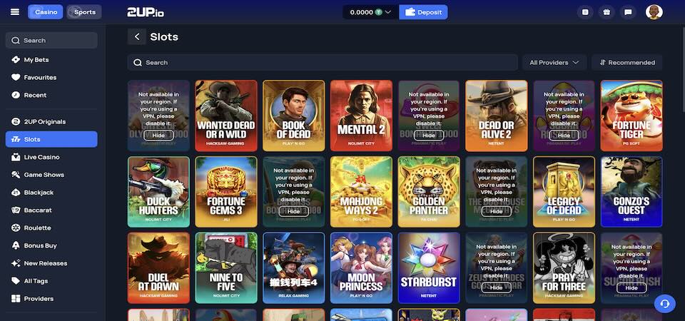Screenshot of the 2UP casino page