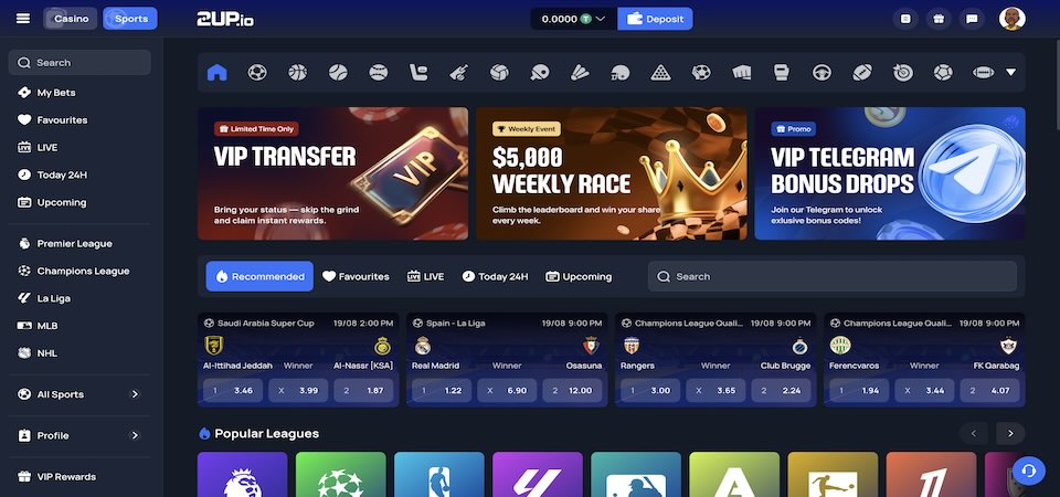 Screenshot of the 2UP sport page
