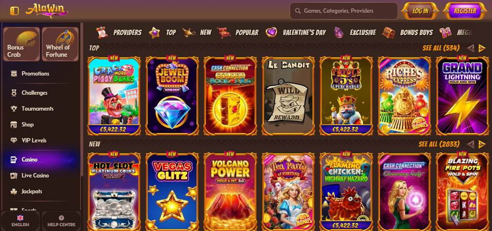 Screenshot of the Alawin casino page