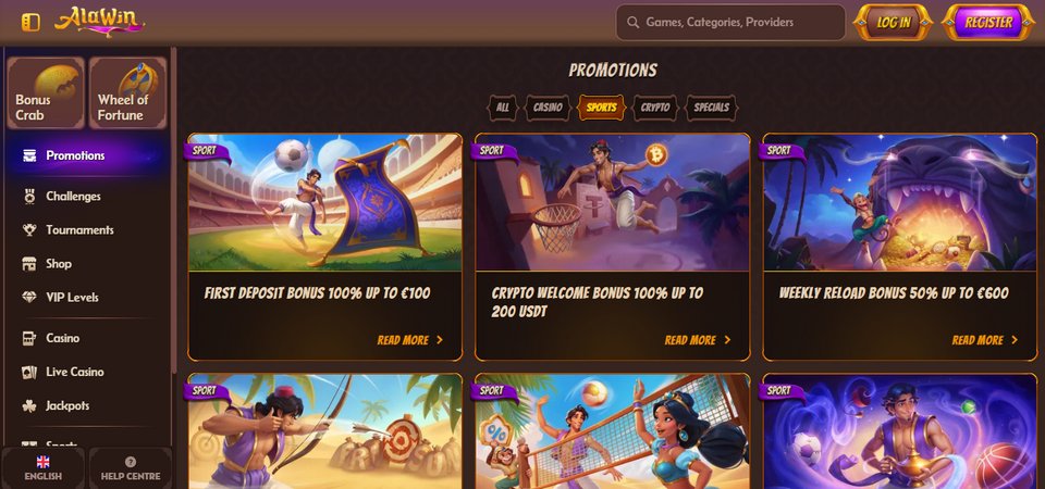 Screenshot of the Alawin bonuses page