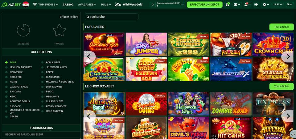 Screenshot of the Avabet Casino page