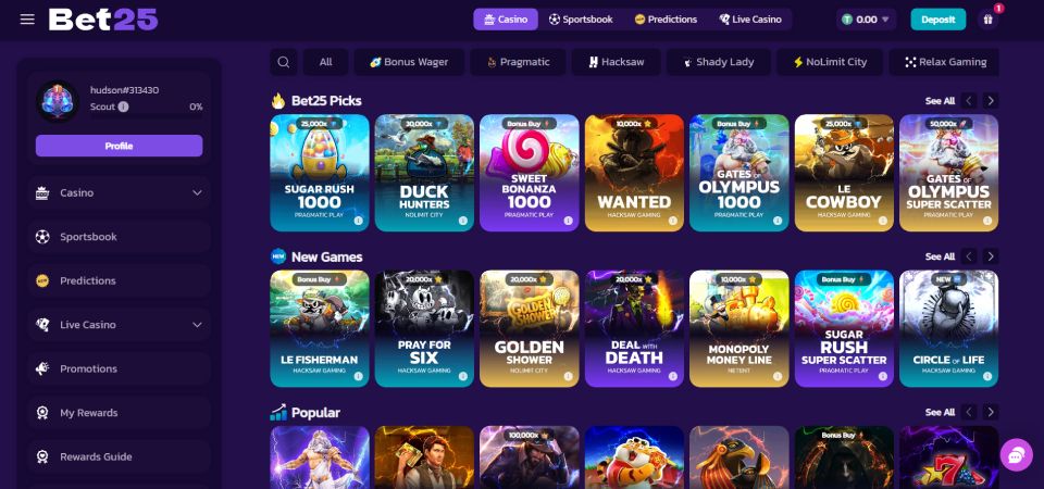 screenshot of bet25 casino page