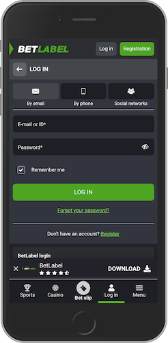 The mobile screenshot of BetLabel login page