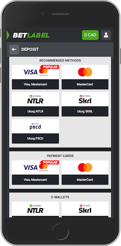 The mobile screenshot of BetLabel deposit options