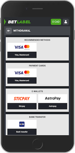 The mobile screenshot of BetLabel withdrawal options