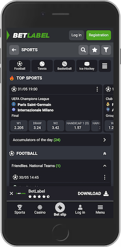 The mobile screenshot of BetLabel sports page