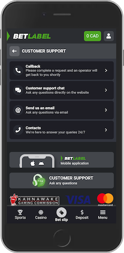 The mobile screenshot of BetLabel support options