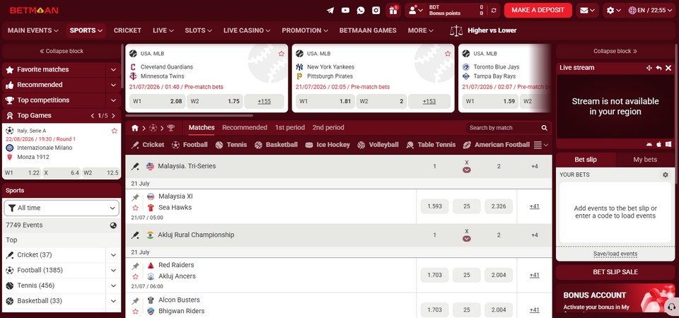 Screenshot of the Betmaan LIVE Betting page