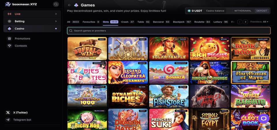 Screenshot of the BookmakerXYZ casino page