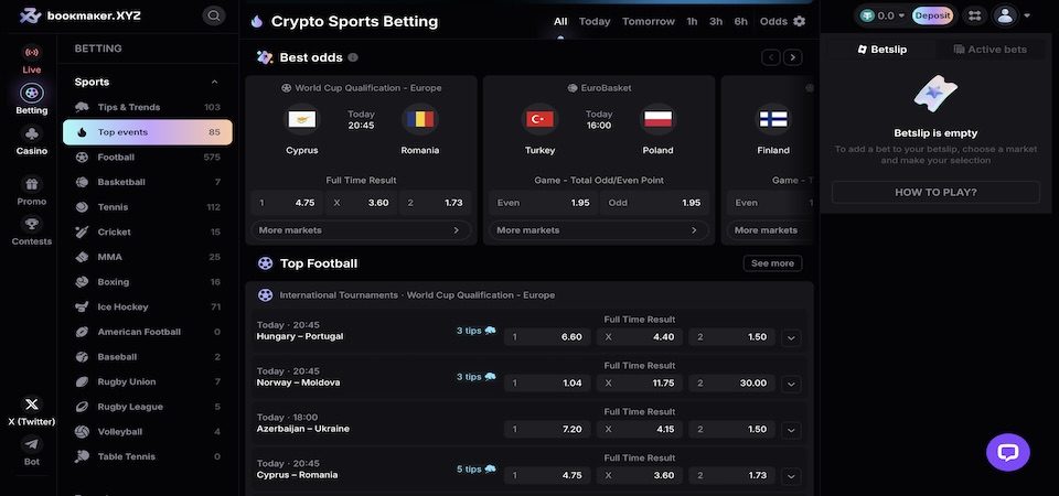Screenshot of the BookmakerXYZ sports page
