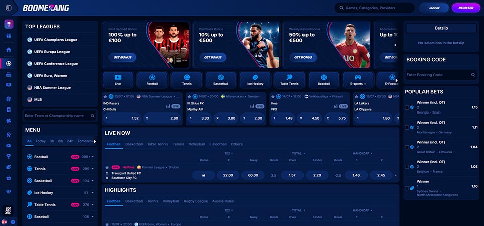 Screenshot of the Boomerang bet sport page
