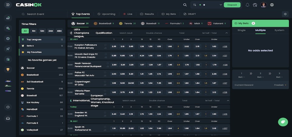 Screenshot of the Casinok sport page