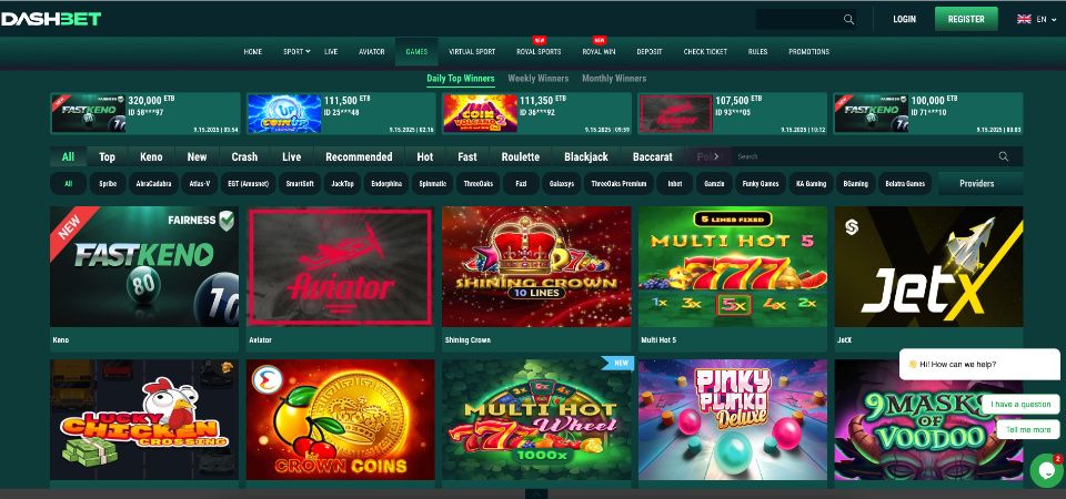 The screenshot of DashBet casino page