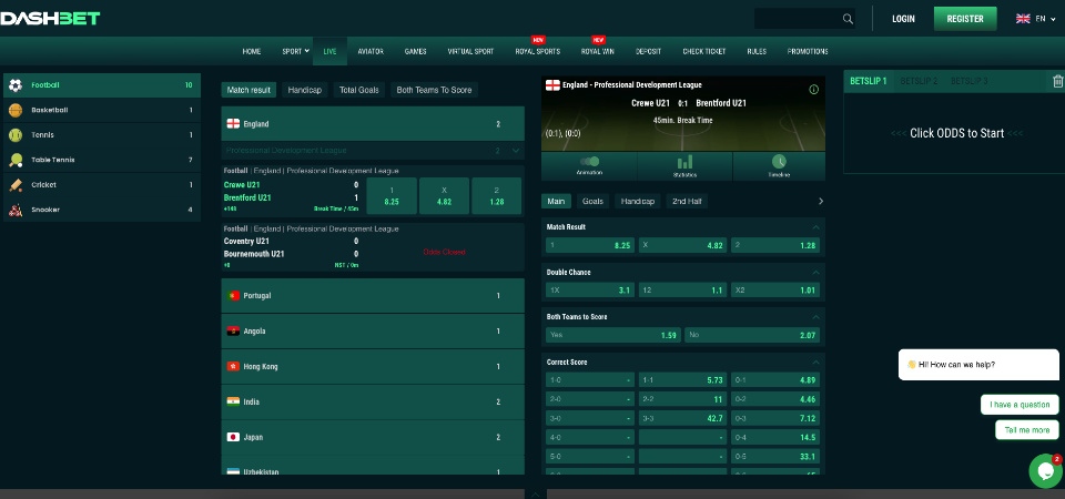 The screenshot of DashBet sports page