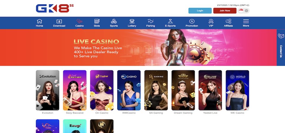 Screenshot of the GK8 casino page