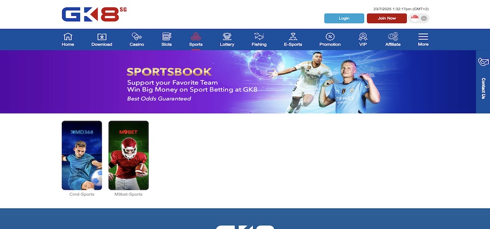 Screenshot of the GK8 sport page