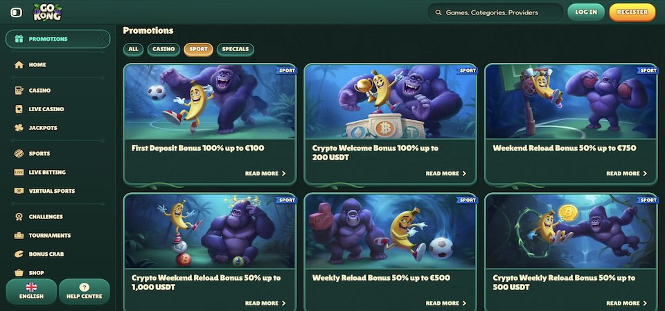 Screenshot of the GoKong bonuses page