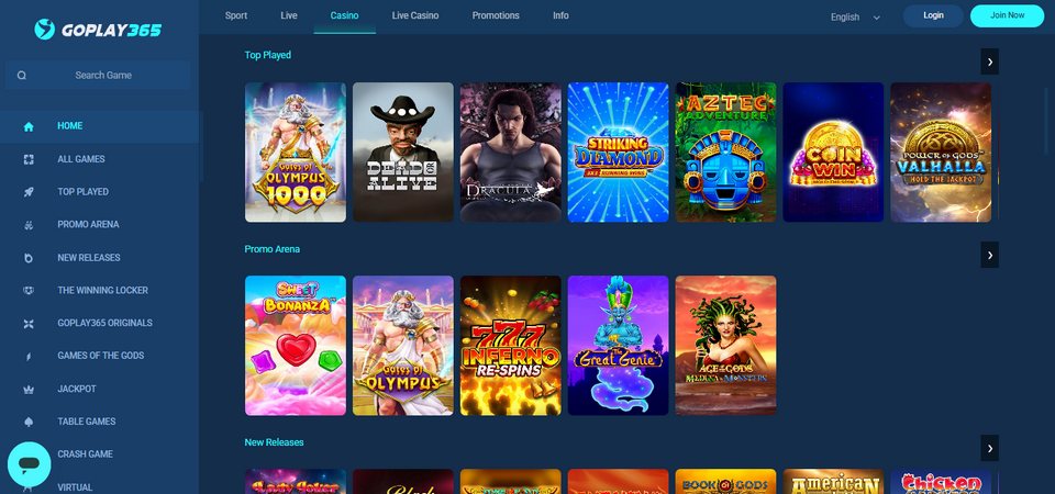 Screenshot of the GoPlay365 casino page