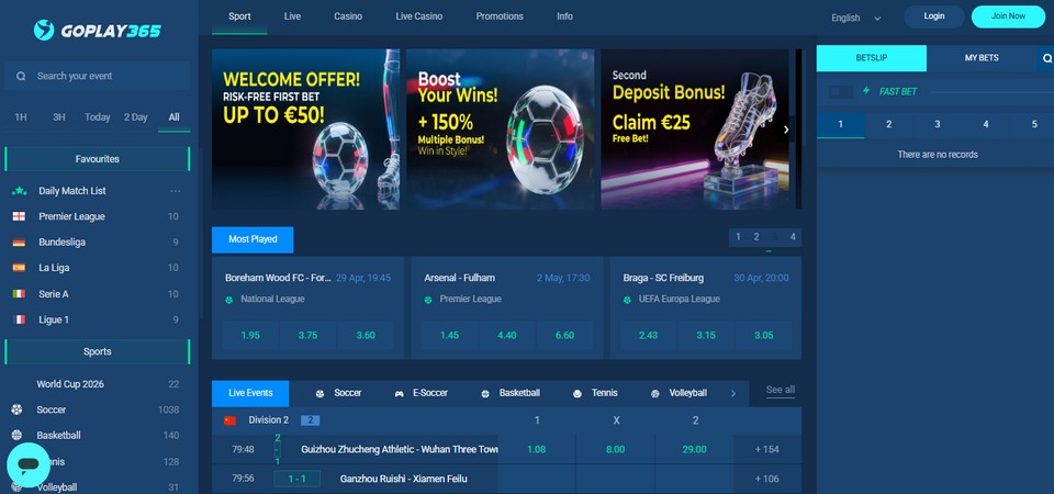 Screenshpt of the GoPlay365 sport page