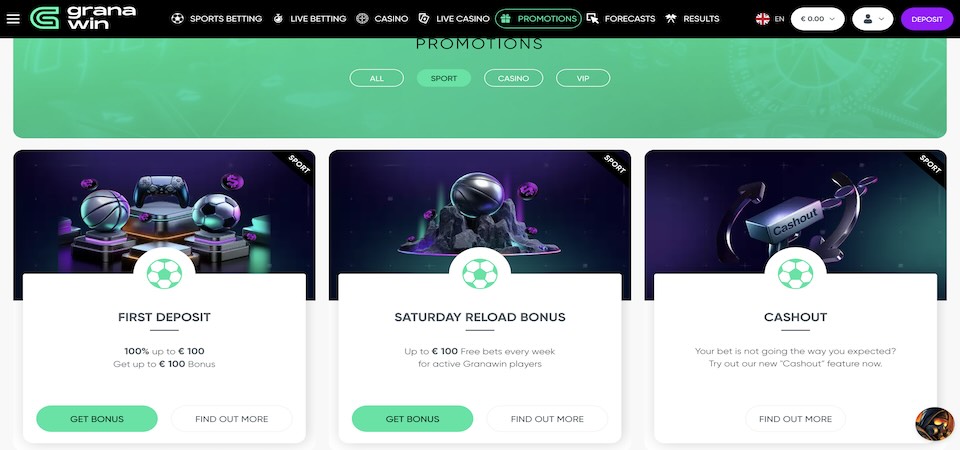 Screenshot of the Granawin bonuses page