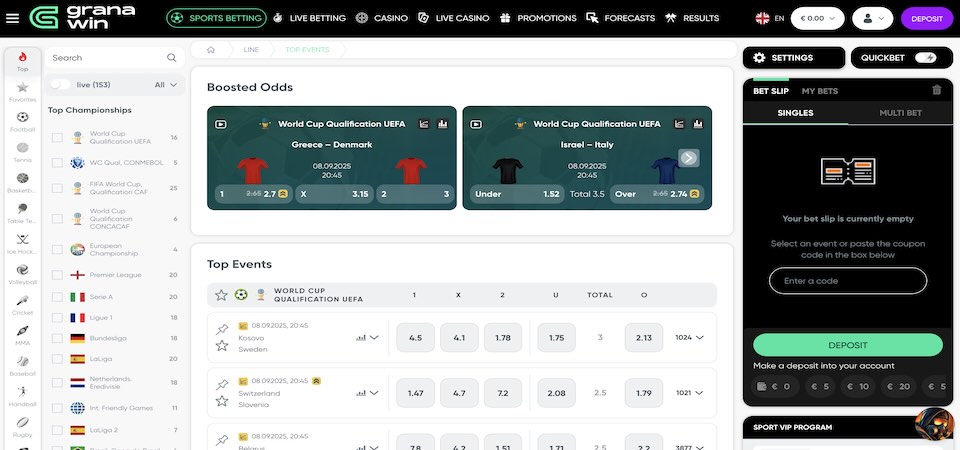 Screenshot of the Granawin sports page