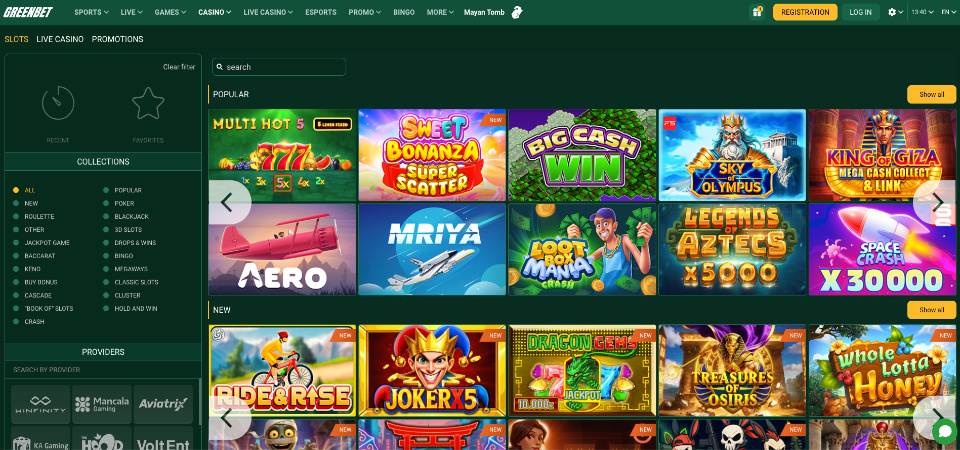The screenshot of GREENBET casino page