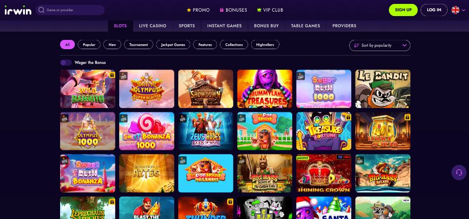 The screenshot of IRWIN casino page