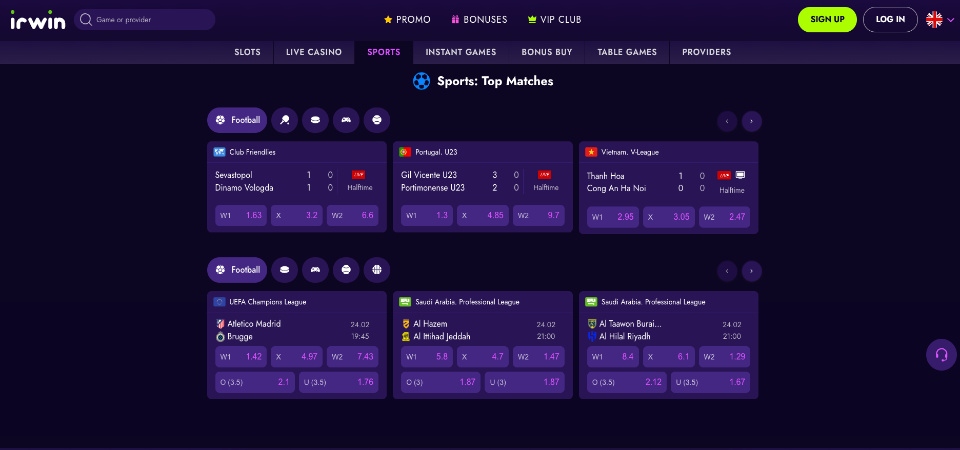 The screenshot of IRWIN sports page