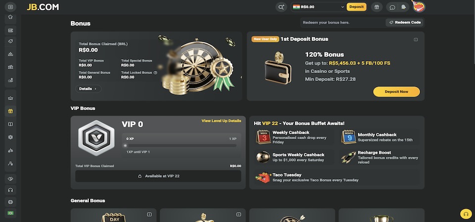 Screenshot of the JB bonuses page