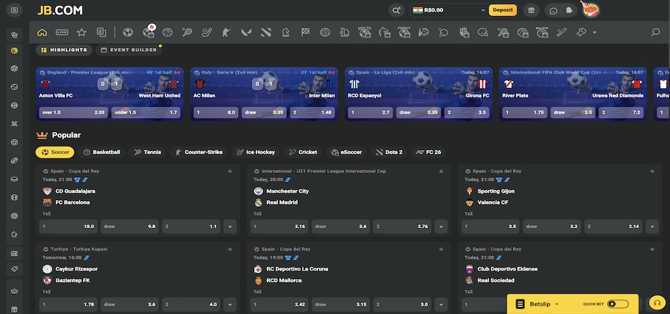 Screenshot of the JB sports page