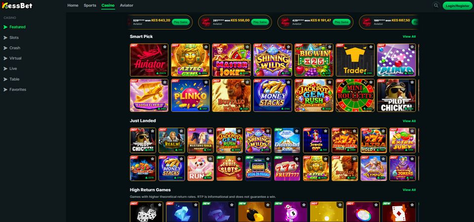 Screenshot of the Kessbet casino page