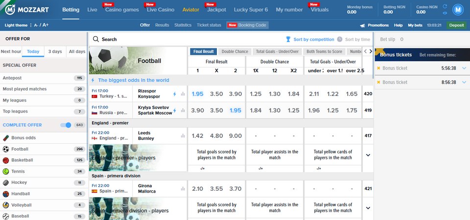 Screenshot of the Mozzartbet sport page